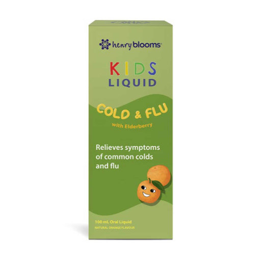 Henry Blooms Kids Liquid Cold and Flue with Elderberry Box Front 