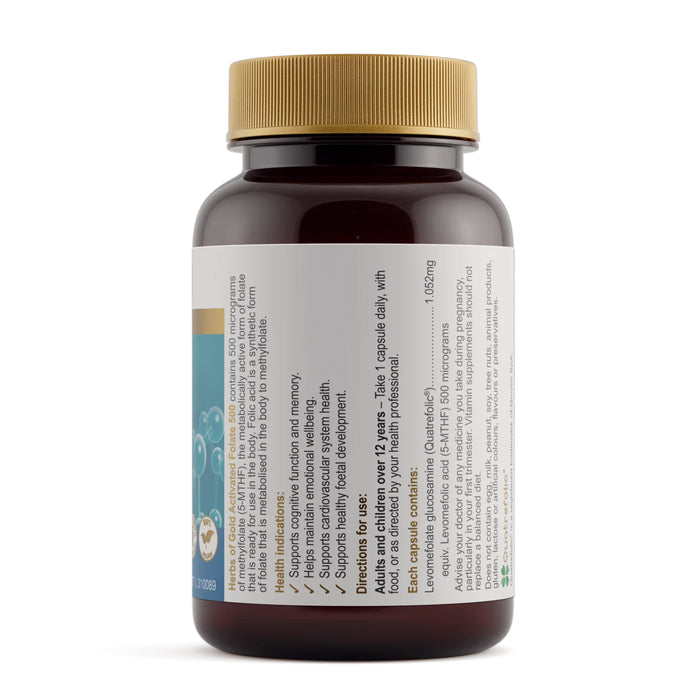 Herbs of Gold Activated Folate 500 60 Capsules Nutritional Panel Wicked NRG