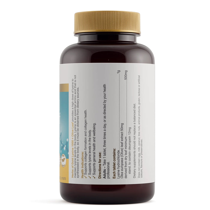 Herbs of Gold Lysine 1000 + Olive Leaf 60 Tablets Nutritional Panel Wicked NRG