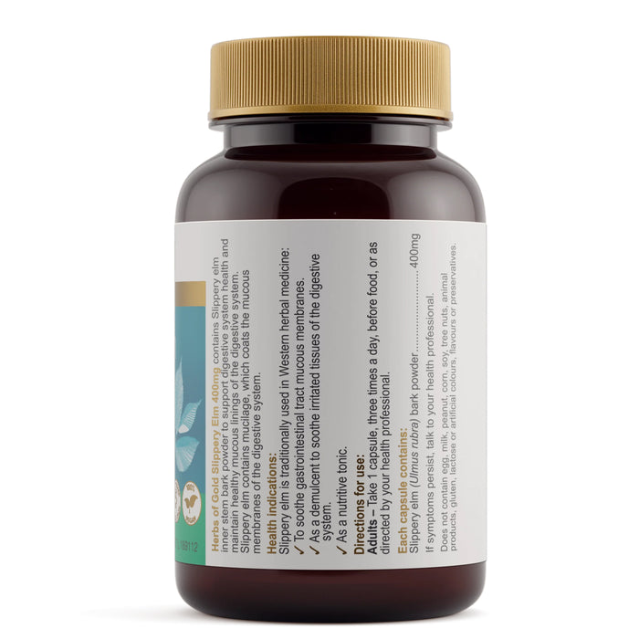 Herbs of Gold Slippery Elm 400mg 60 Capsules Nutritional Panel Wicked NRG