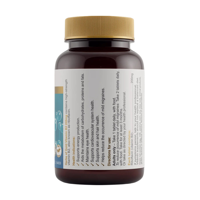 Herbs of Gold Vitamin B2 200mg 60 Tablets Nutritional Panel Wicked NRG