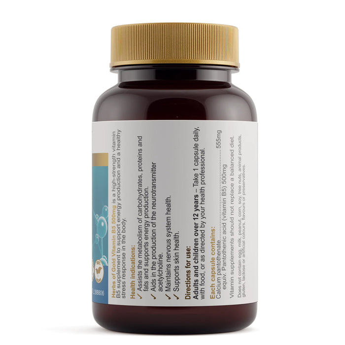 Herbs of Gold Vitamin B5 500mg 60 Capsules Nutritional Panel a Wicked NRG