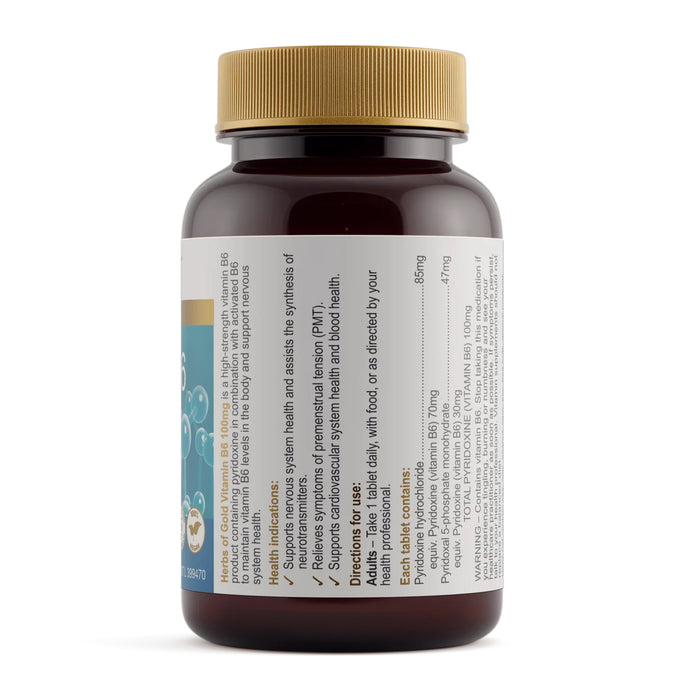 Herbs of Gold Vitamin B6 100mg 60 Tablets Nutritional Panel Wicked NRG