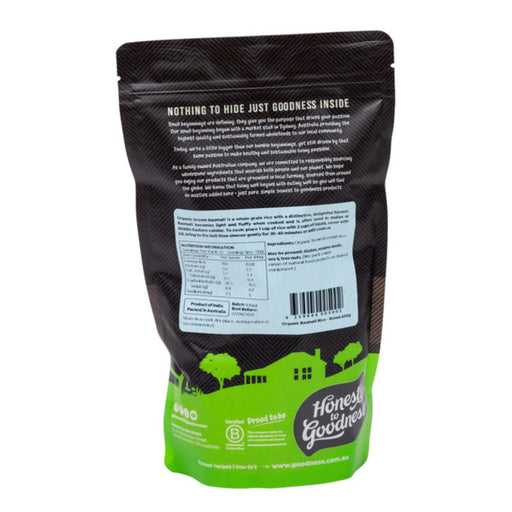 Honest to Goodness Organic Brown Basmati Rice 650g Nutritional Panel, Wicked NRG