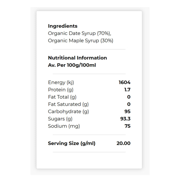 Honest to Goodness Organic Date & Maple Syrup 250ml Nutritional Panel Wicked NRG