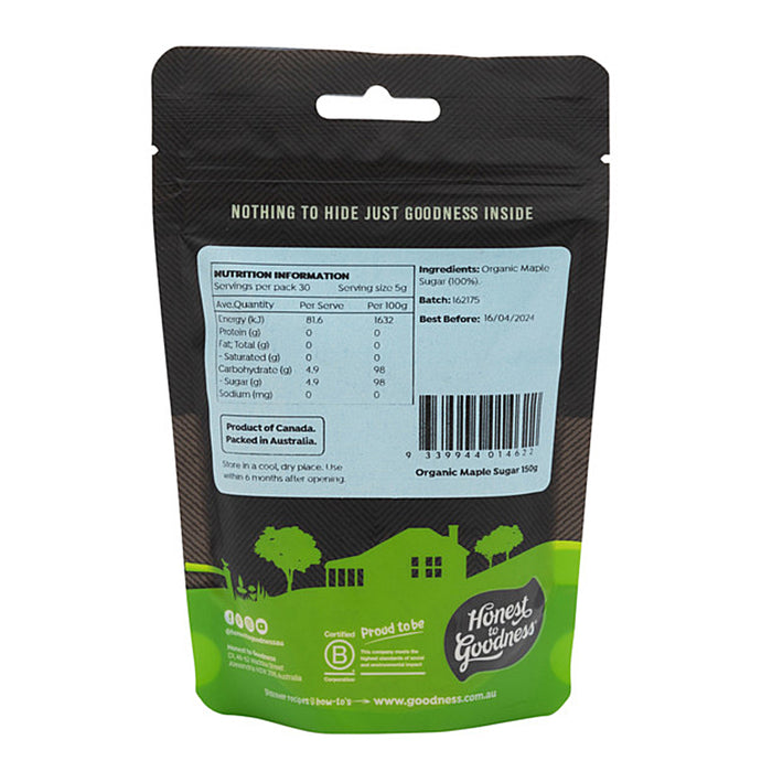 Honest to Goodness Organic Maple Sugar 150g Nutritional Panel Wicked NRG