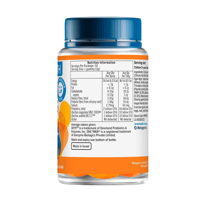 Inner Health Kids 3 in 1 Probiotic Gummies 50 Packs Nutritional Panel Wicked NRG