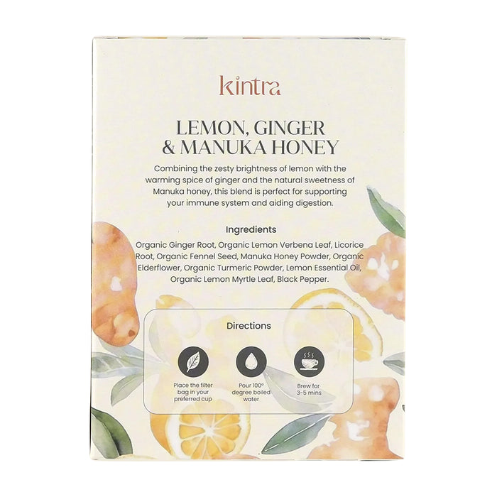 Kintra Blends Herbal Tea Bags Lemon, Ginger & Manuka Honey 25pk Ingredients Wicked NRG
