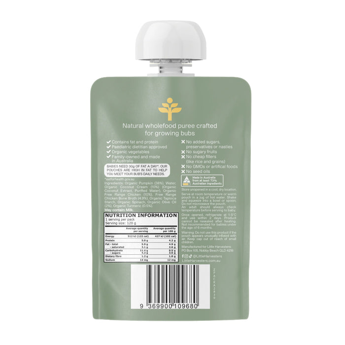 Little Harvesters Puree Pouch - chicken, turmeric, coconut, pumpkin bone broth olive oil 120g Ingredients Wicked NRG