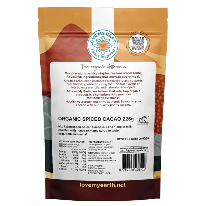 Love My Earth Organic Spiced Cacao Hot Chocolate 225g Ingredients Wicked NRG