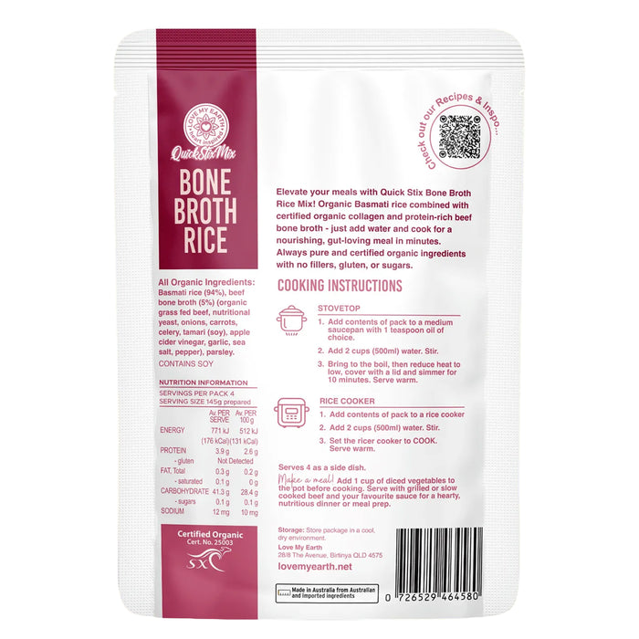 Love My Earth Quick Stix Mix Organic Bone Broth Rice Beef 200g Nutritional Panel Wicked NRG