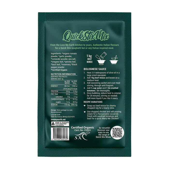 Love My Earth Quick Stix Mix Organic Recipe Base Bolognese 45g Ingredients Wicked NRG