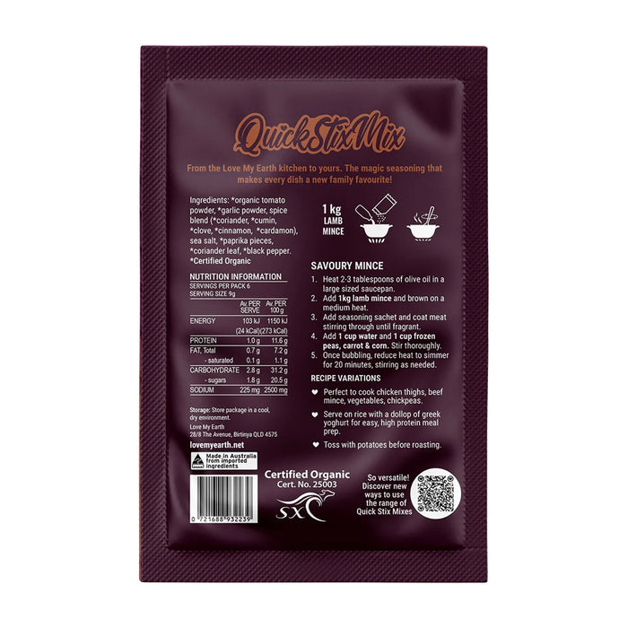Love My Earth Quick Stix Mix Organic Recipe Base Savoury Mince 55g Ingredients Wicked NRG