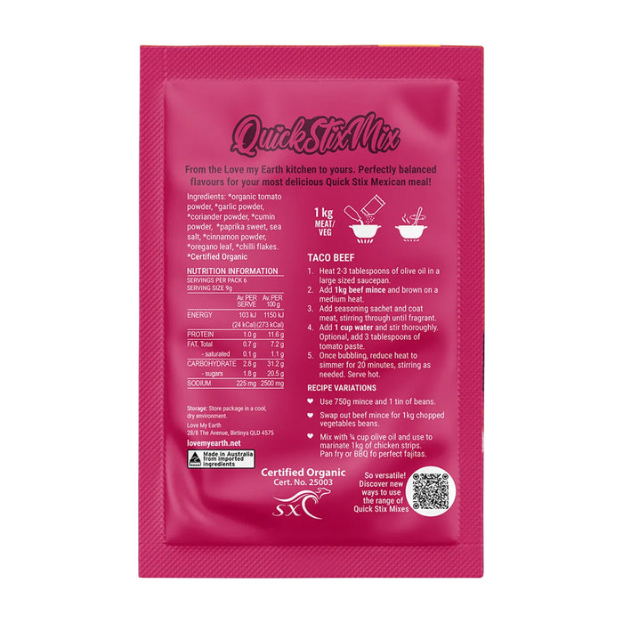 Love My Earth Quick Stix Mix Organic Recipe Base Taco 55g Ingredients Wicked NRG