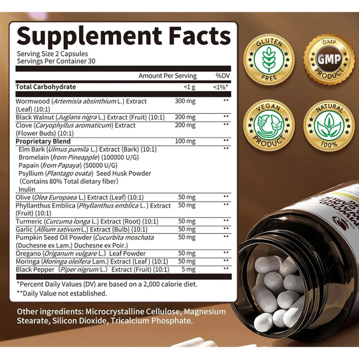 Lukaree Wormwood and Black Walnut 1155 mg Complex 60 Capsules Nutritional Panel Wicked NRG