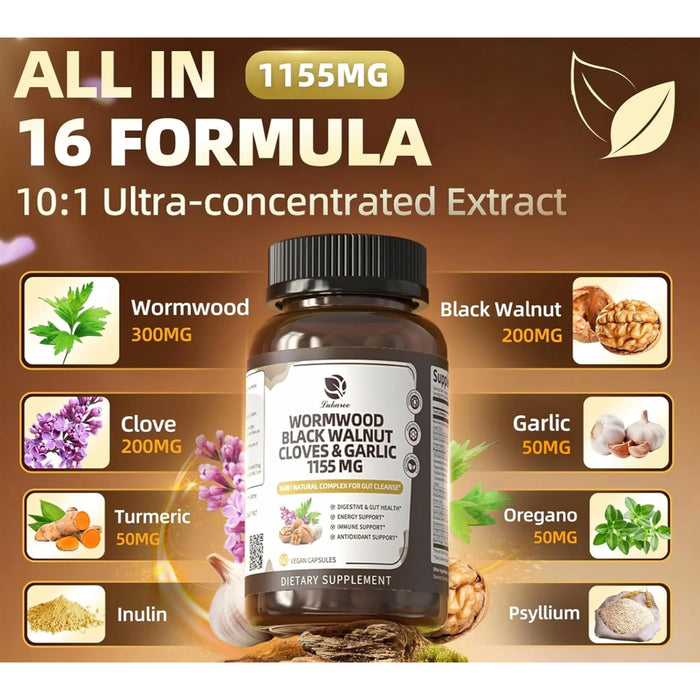 Lukaree Wormwood and Black Walnut 1155 mg Complex 60 Capsules Nutritional Panel a Wicked NRG