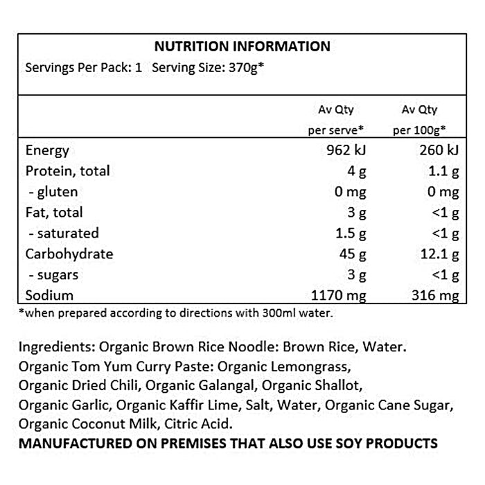 Lum Lum Organic Instant Noodle Tom Yum 70g Nutritional Panel Wicked NRG