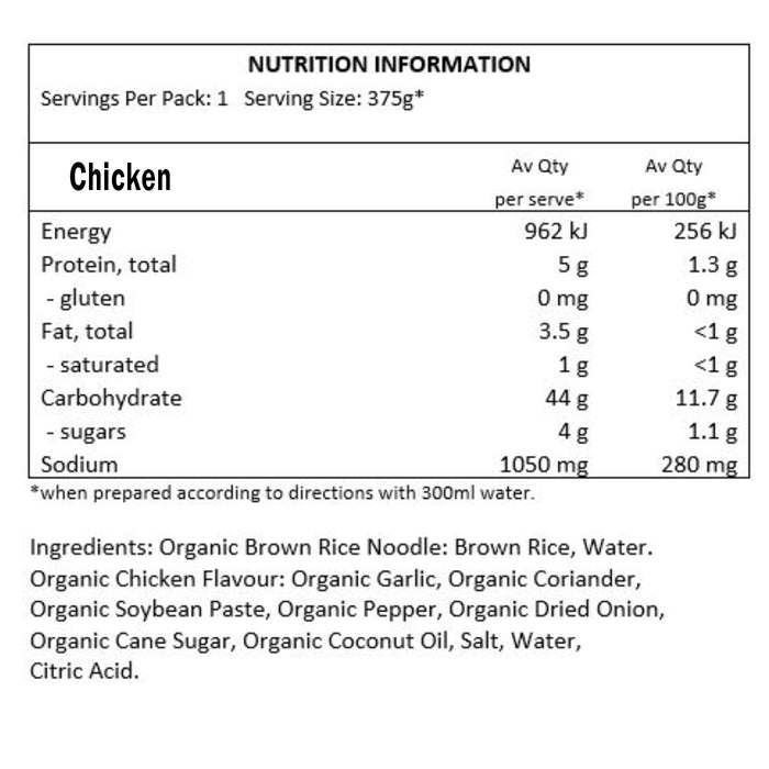 Lum Lum Organic Instant Noodle Chicken 70g Nutritional Panel Wicked NRG