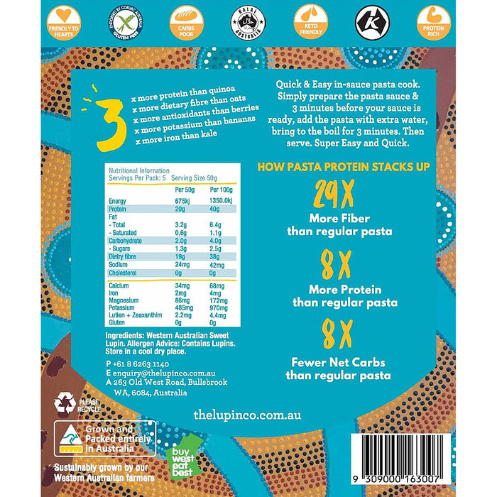 Lupin Co Protein Pasta Spirals – 4% Low Carb Pasta 250gm Nutritional Panel Wicked NRG