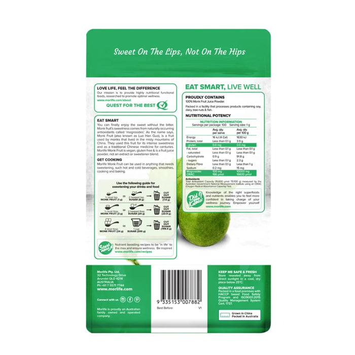 MORLIFE Organic Natures Sweetener Monk Fruit 100g Ingredients Wicked NRG