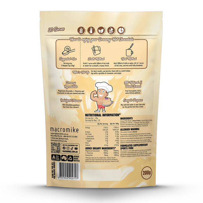Macro Mike Creamy Dreamy Hot Chocolate Creamy White Choc (200g Bag) 20 Serves Ingredients Wicked NRG