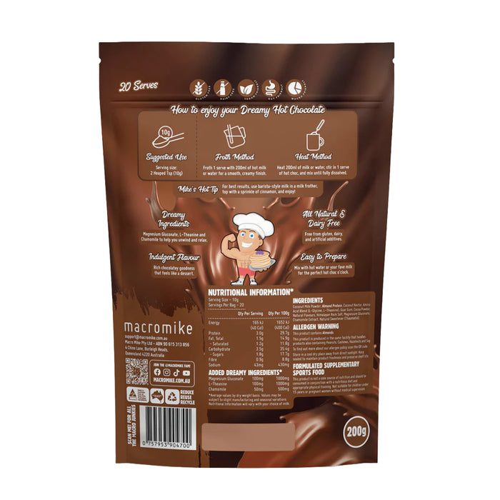 Macro Mike Creamy Rich Choc Dreamy Hot Chocolate (200g Bag) 20 Serves Ingredients Panel Wicked NRG
