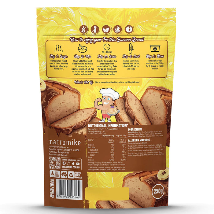Macro Mike Original Banana Bread Baking Mix (250g Bag) Nutritional Panel Wicked NRG