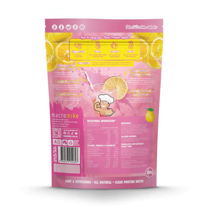 Macro Mike Protein Water Pink Lemonade 20 Serves 300g Ingredients Panel Wicked NRG
