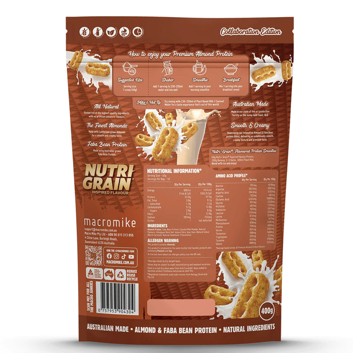 Macro Mike x Kellogg's Nutri-Grain Premium Almond Protein (400g Bag) Nutritional Panel Wicked NRG