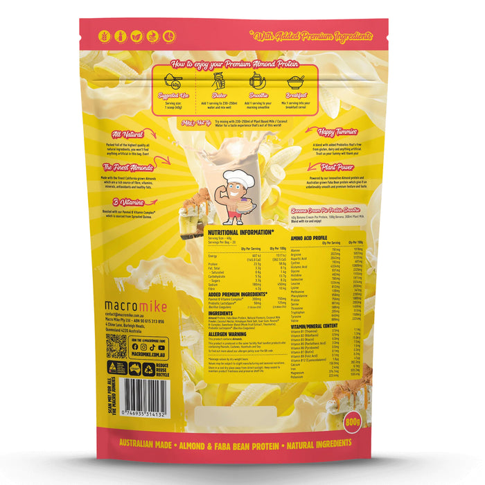 Macro Mike Banana Cream Pie Premium Almond Protein 800g Bag Nutritional Panel Wicked NRG