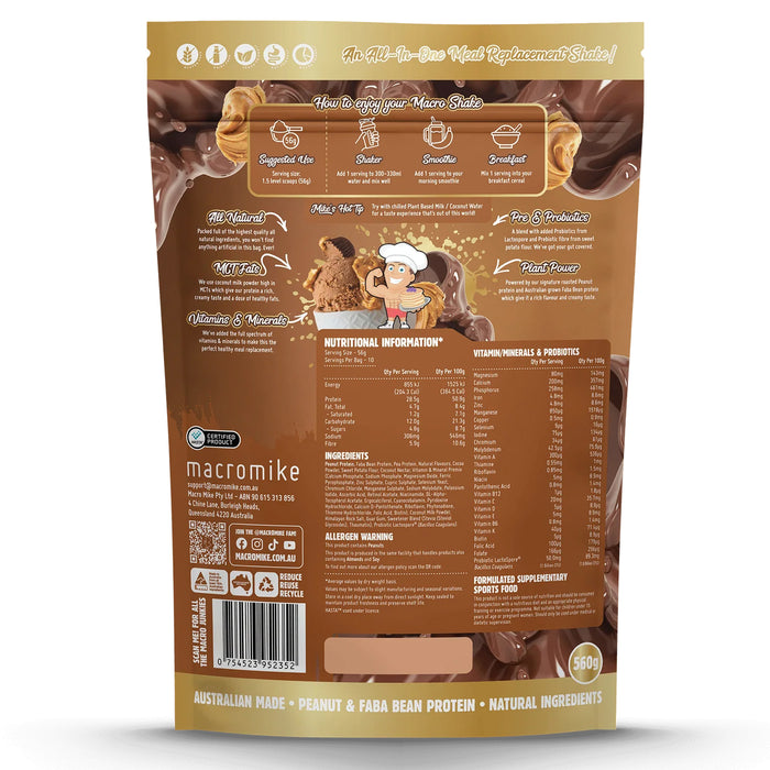 Macro Mike Choc Peanut Swirl Macro Shake Meal Replacement 560g Bag Nutritional Panel Wicked NRG