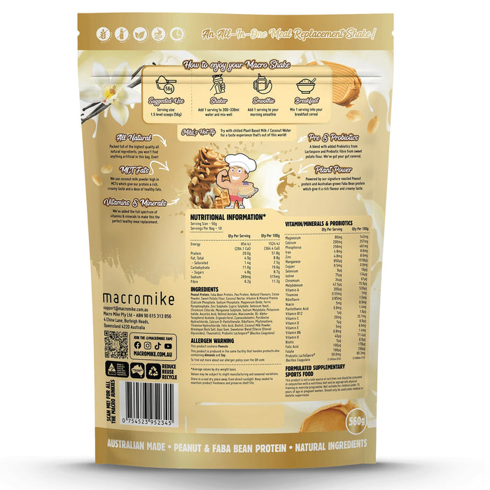 Macro Mike Vanilla Ice Cream Peanut Macro Shake Meal Replacement 560g Bag Nutritional Panel Wicked NRG