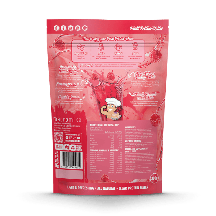 Macro Mike Protein Water Red Raspberry 20 Serves 300g Ingredients Panel Wicked NRG