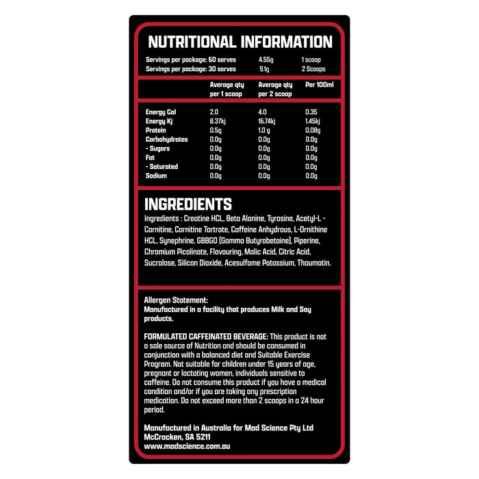 Mad Science MAD CUTS PERFORMANCE BURNER - LYCHEE LEMONADE Nutritional Panel Wicked NRG