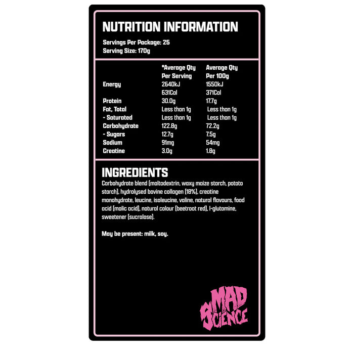 Mad Science Mad Gains 4.25kg Berry Smoothie Nutritional Panel Wicked NRG