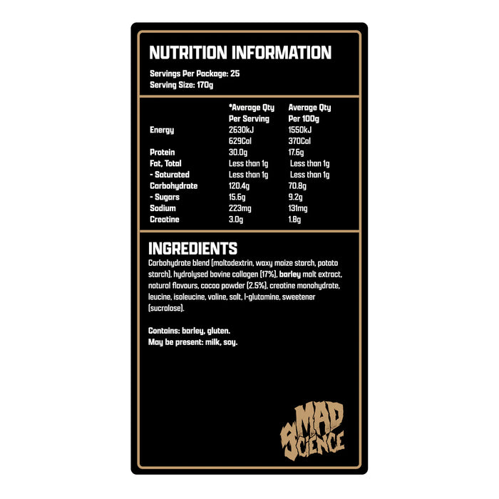 Mad Science Mad Gains 4.25kg Chocoholic Nutritional Panel Wicked NRG