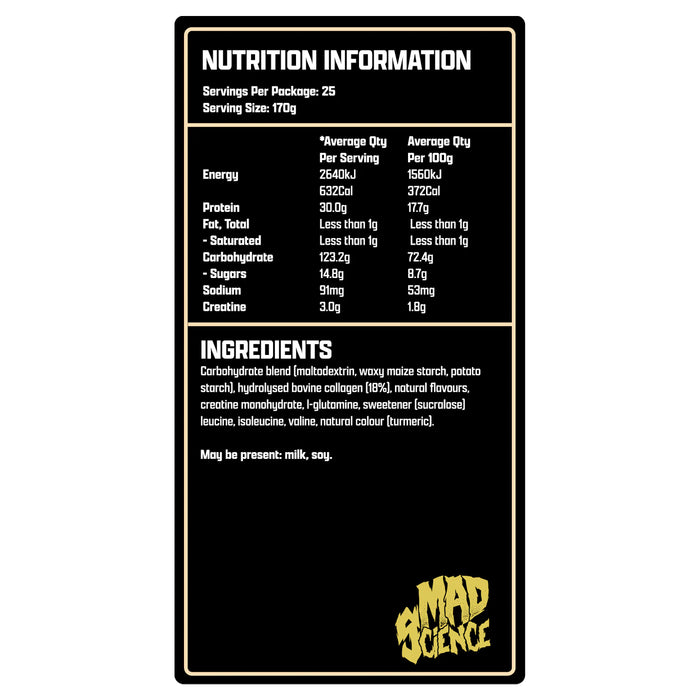 Mad Science Mad Gains 4.25kg Go Bananas Nutritional Panel Wicked NRG
