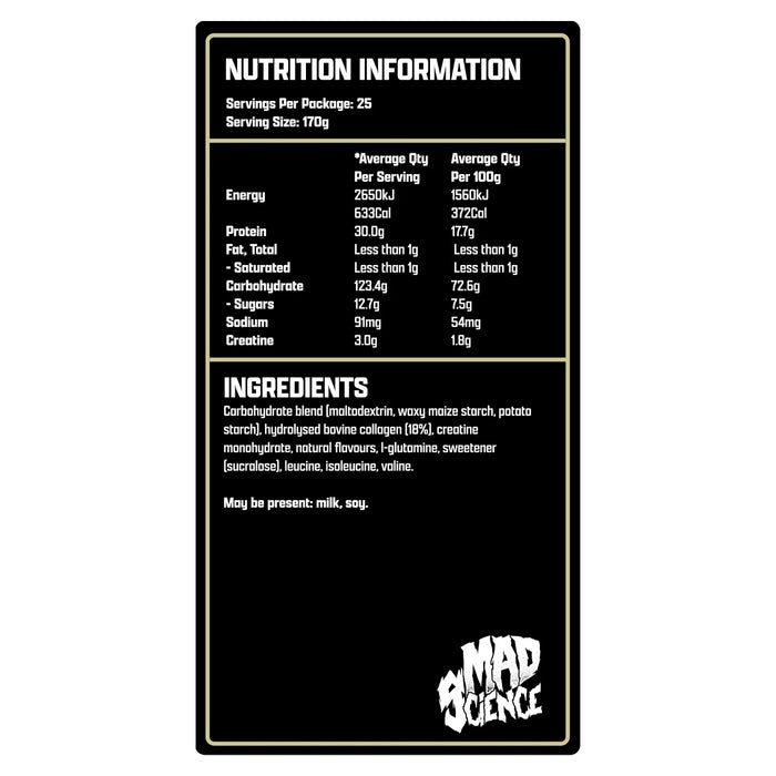 Mad Science Mad Gains 4.25kg Vanilla Gorilla Nutritional Panel Wicked NRG