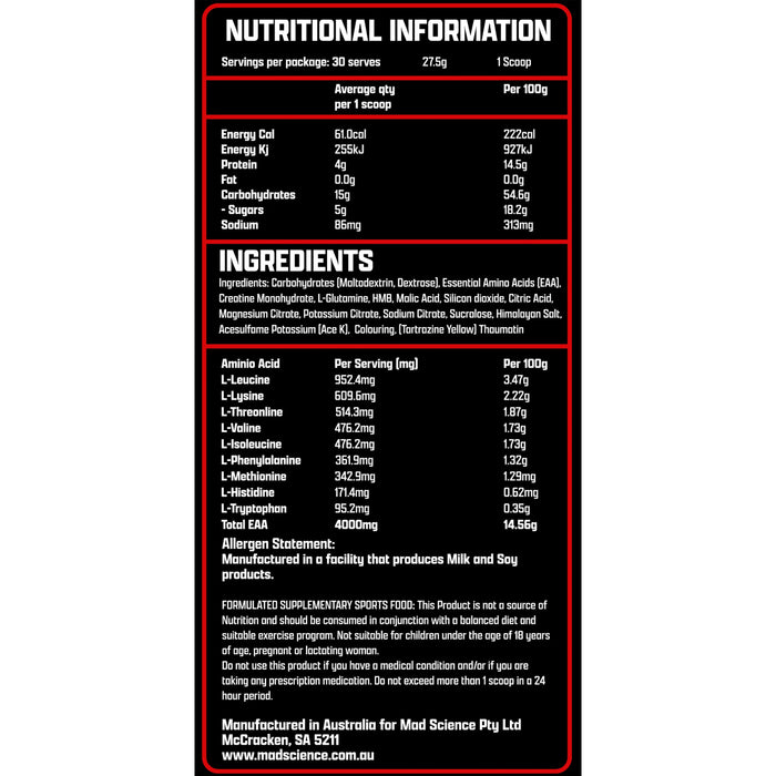 Mad Science Mad Recovery - Apple Blackcurrant 825g  Nutritional Panel Wicked NRG
