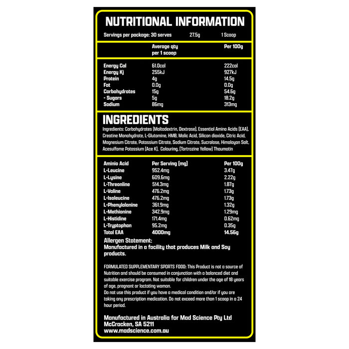 Mad Science Mad Recovery - Lemon Squash 825g Nutritional Panel Wicked NRG