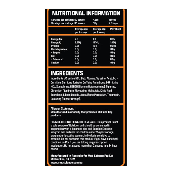 Mad Cuts Burner Tangerine 273g Ingredients Wicked NRG
