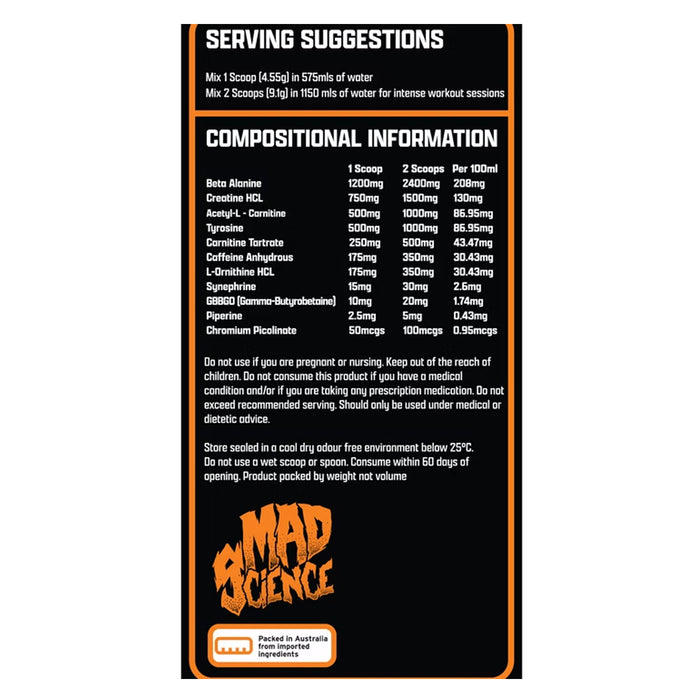 Mad Cuts Burner Tangerine 273g Nutritional Panel Wicked NRG