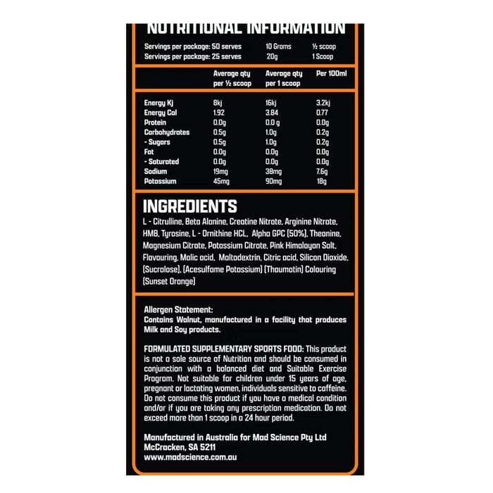 Mad Pumps Xpolosive Stim-Free Pre Workout 500grams TANGERINE Ingredients Wicked NRG