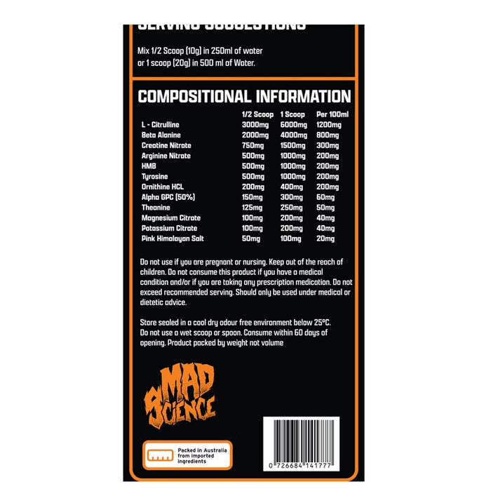 Mad Pumps Xpolosive Stim-Free Pre Workout 500grams TANGERINE Nutritional Panel Wicked NRG