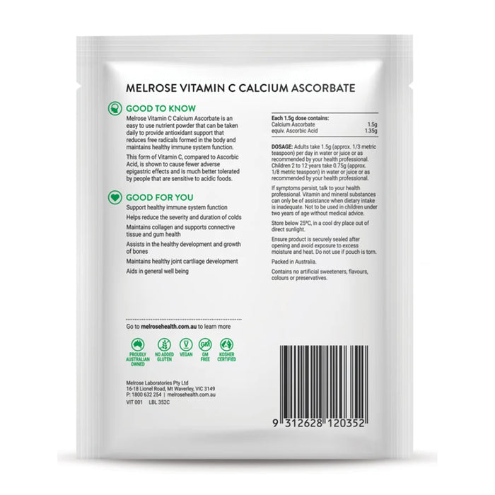 Melrose Vitamin C Calcium Ascorbate 125g Nutritional Panel Wicked NRG