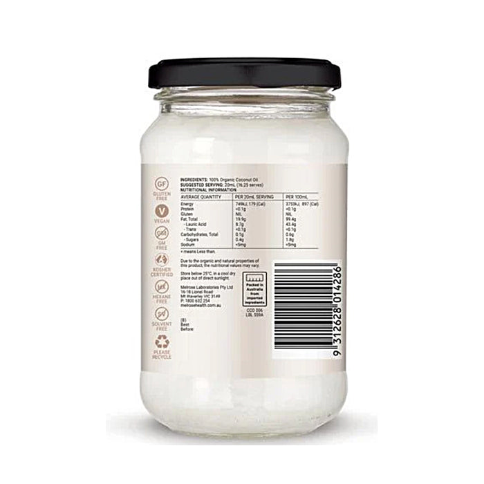 Melrose Organic Coconut Oil Flavour Free 950ml Nutritional Panel Wicked NRG