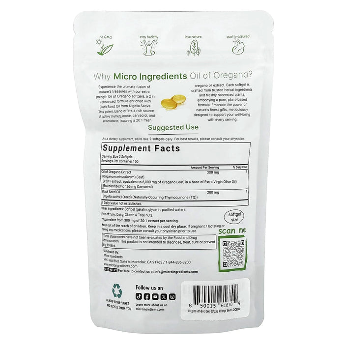 Micro Ingredients Oregano Oil w Black Seed Oil 300 Softgels Ingredients Wicked NRG