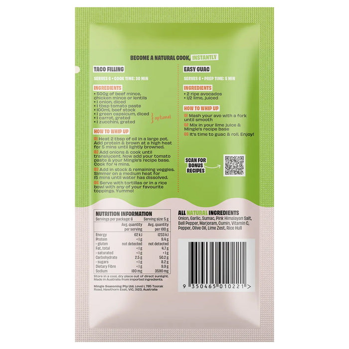 Mingle Taco or Guac All Natural Recipe Base 30g Nutritional Panel Wicked NRG