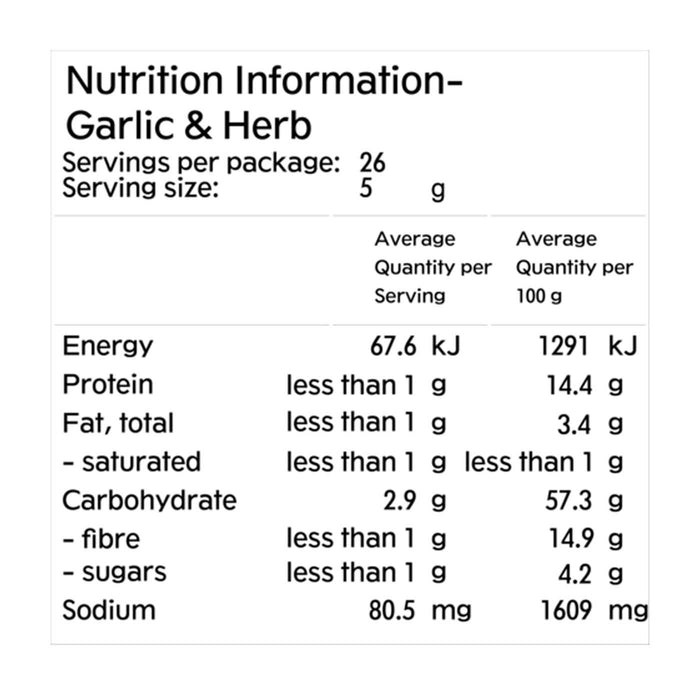 Mingle Garlic & Herb All Natural Seasoning 130g Nutritional Panel Wicked NRG