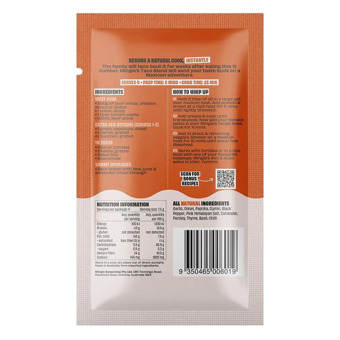 Mingle Mexican Fiesta Taco All Natural Seasoning Meal Base 30g Ingredients Wicked NRG